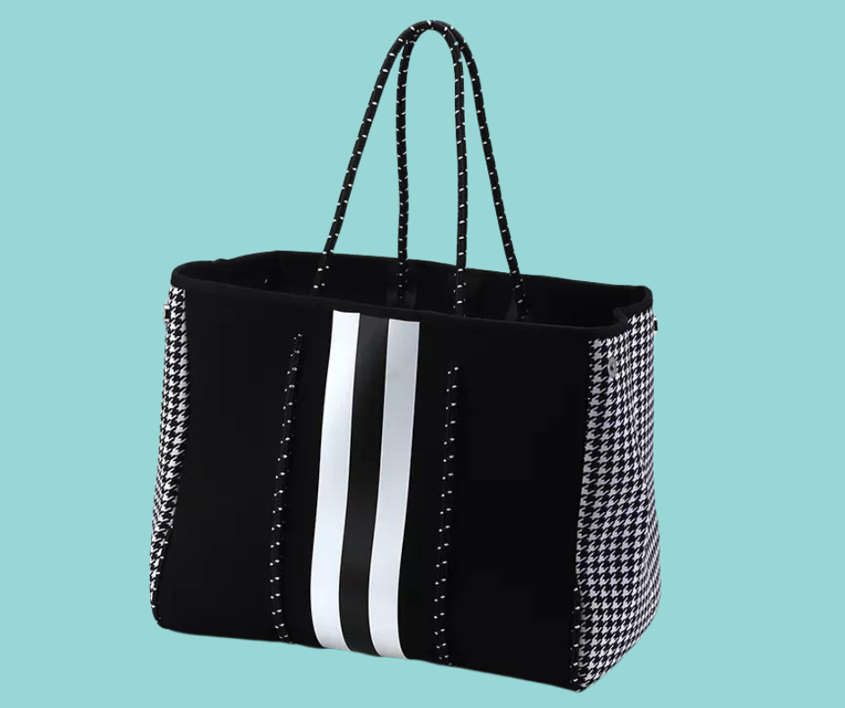 B-  Classic Black and White Houndstooth Neoprene Tote with Interior Pocket