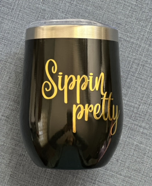 F   "Sippin Pretty" Black 12oz Personalized Insulated Wine Tumbler