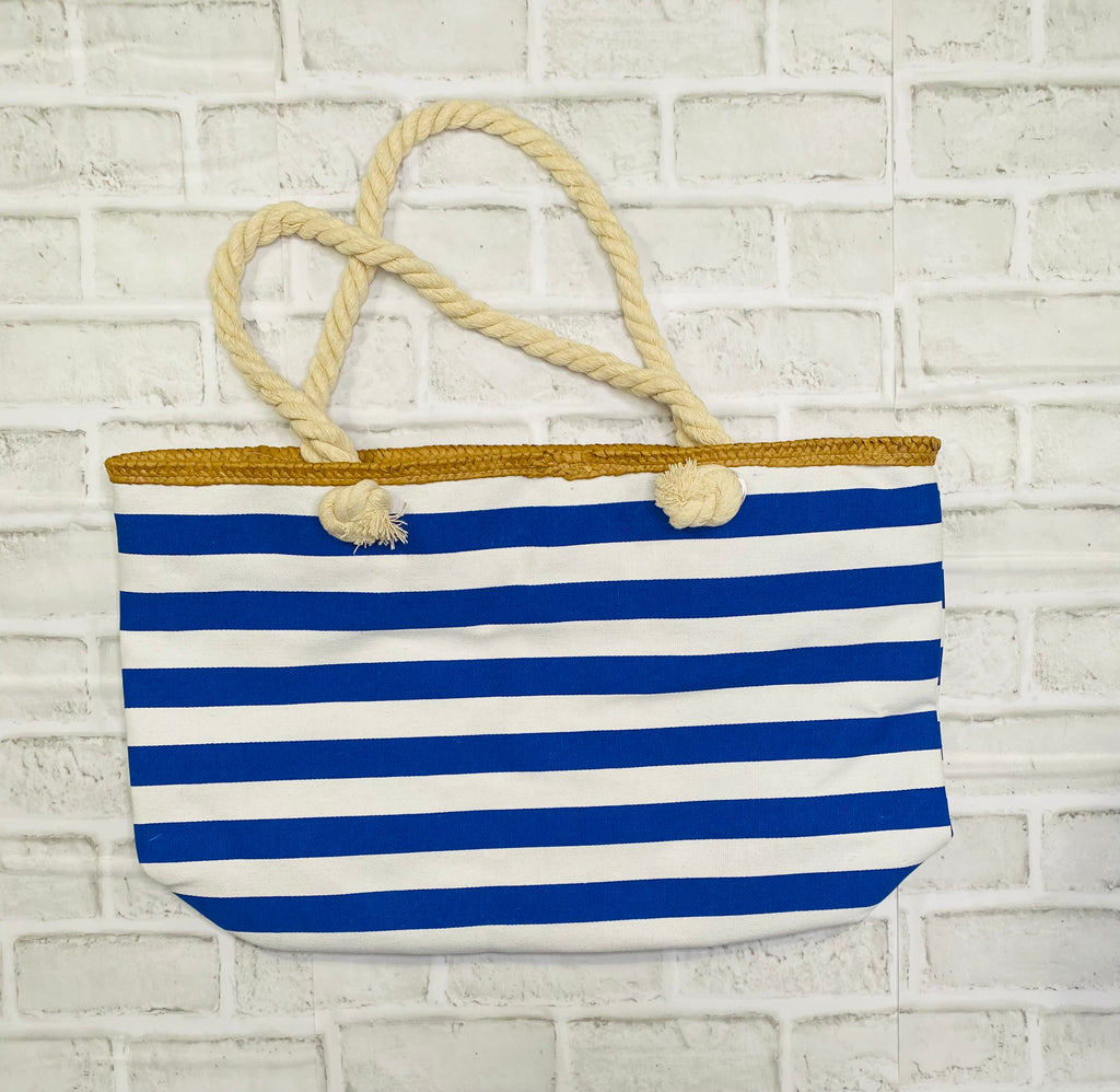 B-  Nautical Blue & White Striped Canvas Beach Tote Bag