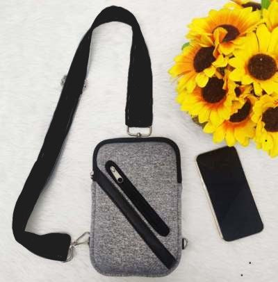 B- Gray and Black Travel-Ready Cross-Body Phone Bag Made of Abrasion-Resistant Neoprene with Guitar Strap